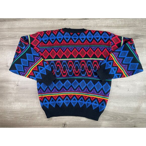 VTG 90s Edelweiss Ski Sweater Pullover Multicolor Abstract Geometric Knit Crew L - Picture 10 of 11